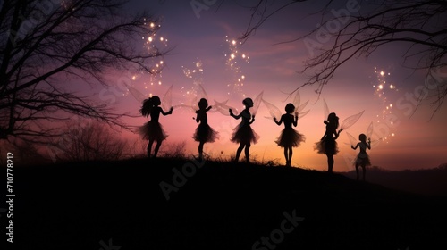  a group of girls standing on top of a hill under a sky filled with firecrackers and stars.