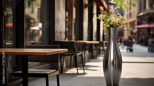  a vase filled with flowers sitting on top of a sidewalk next to a table with chairs and tables in front of it.