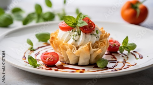  a white plate topped with a cupcake covered in whipped cream and topped with tomatoes and green leafy leaves.