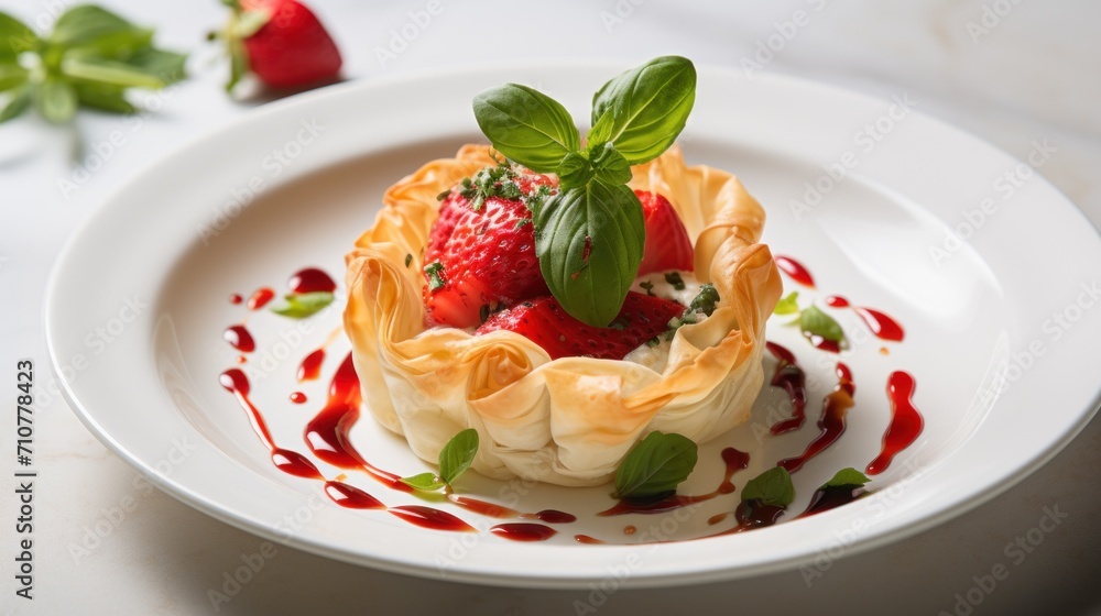  a white plate topped with a pastry covered in whipped cream and topped with a leafy green garnish.