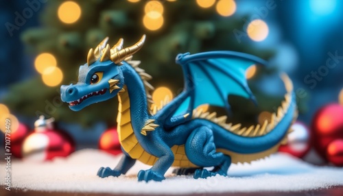 A blue and gold dragon toy stands in fake snow in front of a blurred Christmas tree with red and gold ornaments. The background is blue with yellow lights.