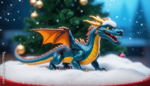 A dragon figurine stands in the foreground. In the background, a Christmas tree with gold ornaments. Snowflakes fall, and the scene is set in front of a blue wall.