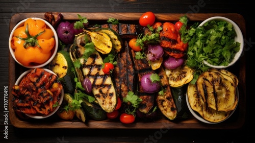  a platter of grilled vegetables including tomatoes, peppers, onions, carrots, and zucchini.