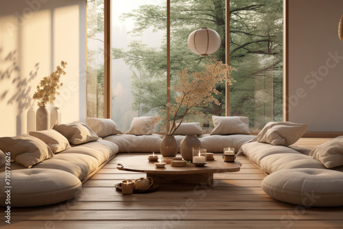 Fototapeta Naklejka Na Ścianę i Meble -  A serene meditation room with soft lighting and cushions, providing a tranquil space for mindfulness and inner peace cultivation. Concept of meditation sanctuary. Generative Ai.