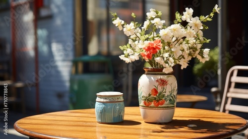 a vase of flowers sitting on top of a table next to a jar of flowers on top of a wooden table.