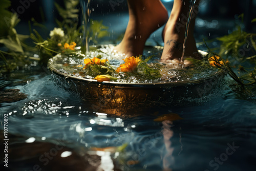 A person enjoying a soothing foot bath with aromatic oils, experiencing relaxation and rejuvenation after a long day. Concept of foot spa serenity. Generative Ai.