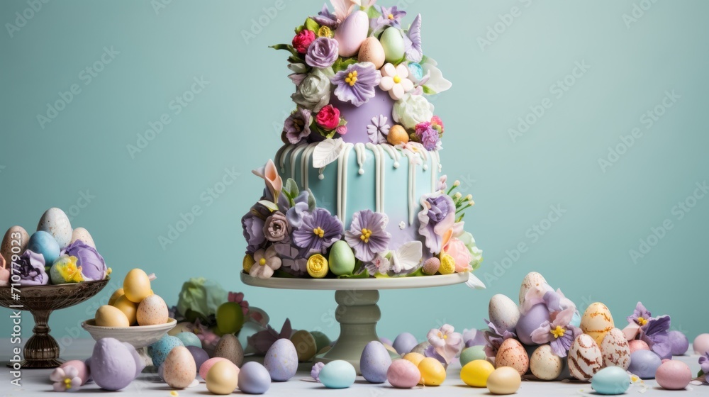  a multi - tiered cake decorated with flowers and pastel easter eggs on a table with a blue background.
