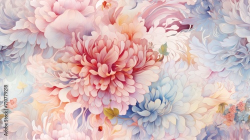  a close up of a bunch of flowers on a white and blue background with pink  yellow  and blue flowers.