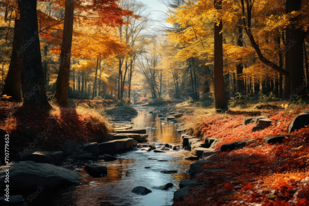 A tranquil autumn forest, adorned with a symphony of warm hues as leaves gracefully fall, creating a serene woodland atmosphere. Concept of autumnal peace. Generative Ai. A tranquil autumn forest, adorned with a symphony of warm hues as leaves gracefully fall, creating a serene woodland atmosphere. Concept of autumnal peace. Generative Ai.