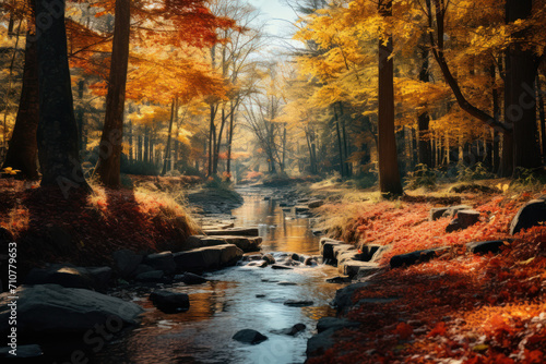 A tranquil autumn forest, adorned with a symphony of warm hues as leaves gracefully fall, creating a serene woodland atmosphere. Concept of autumnal peace. Generative Ai. © Sebastian