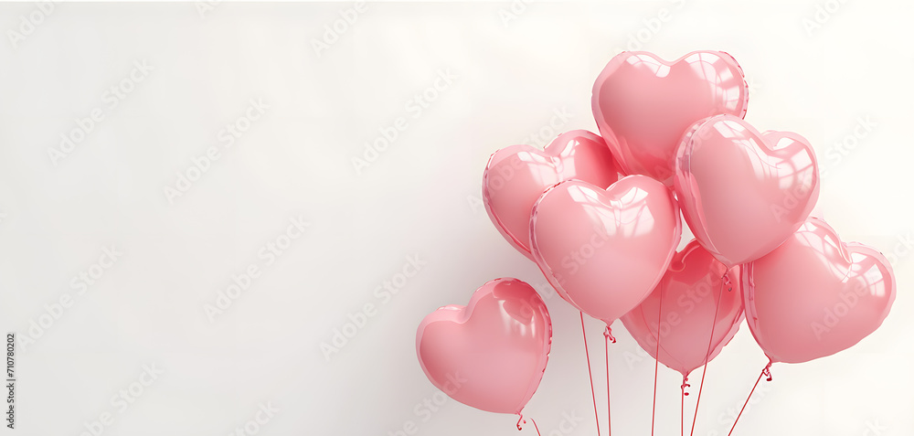 Pink heart shaped helium balloons isolated on white background with copy space  for text. Valentine's Day party decoration