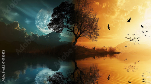 Spring equinox concept: Day and night converge as the sun and moon meet on a divided horizon photo