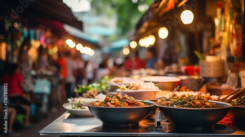 An enticing array of local street food displayed at a bustling market, with warm lights creating a cozy ambiance, inviting passersby to indulge in the culinary delights. photo