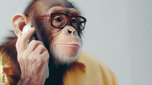 Anthropomorphic monkey with glasses communicates on the phone. Human characters through animals. Animal listening attentively to someone. Design of banner, brochure, advertisement. photo