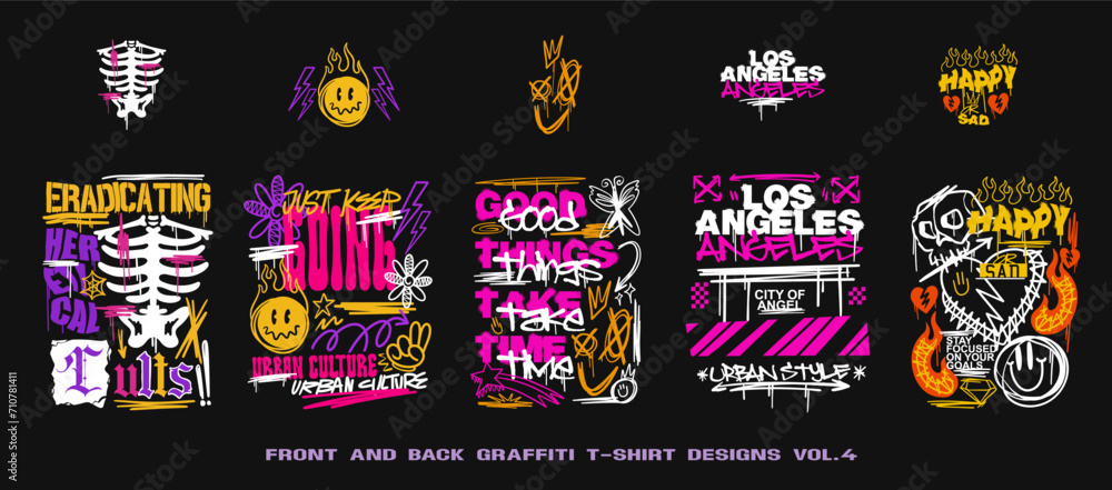 Graffiti t shirt designs set, Urban t-shirt design for print, Streetwear graphic for clothing design. Graffiti poster vector illustration