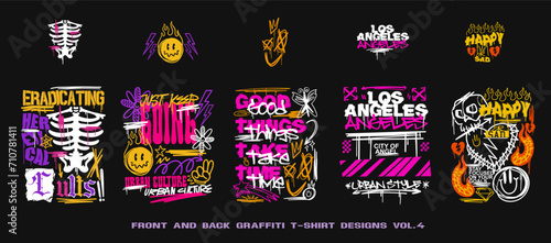 Graffiti t shirt designs set, Urban t-shirt design for print, Streetwear graphic for clothing design. Graffiti poster vector illustration photo
