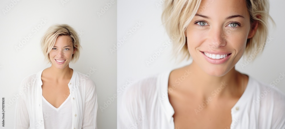Confident woman smiling in bright studio setting. Natural beauty and confidence. Confident woman smiling in bright studio setting. Natural beauty and confidence.