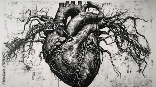 Lithography print of a human heart with elements of robots and elements of natural such as roots and tree branches, cutaway view, in the style of john darkow, black and white, hyperrealism, embroidery photo