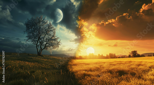 Concept of spring equinox. Day and night, sun and moon meeting together on the split landscape photo