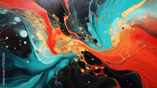 energetic confluence of warm and cool hues dynamic abstract liquid artwork in red, blue, and gold for design inspiration photo