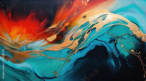 energetic confluence of warm and cool hues dynamic abstract liquid artwork in red, blue, and gold for design inspiration