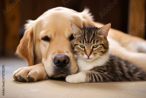 Cute cat and puppy dog labrador hugging showing clear animal love and friendship