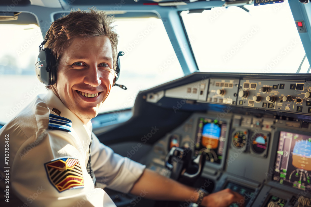 Portrait of a smiling male pilot in a cockpit of a passenger pla - obrazy, fototapety, plakaty 