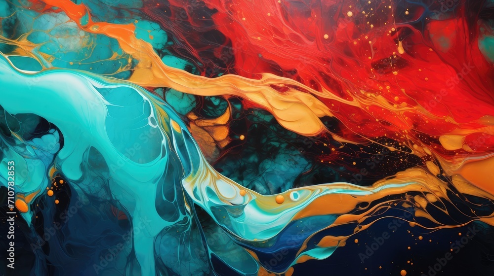 abstract ocean of fire and ice vivid red and cool blue fluid art forms with golden accents for creative backgrounds