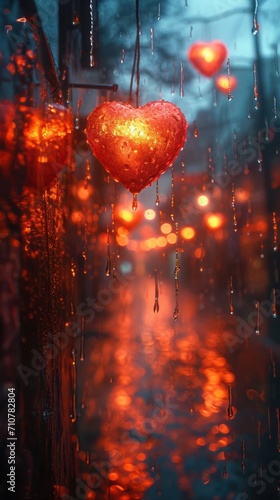 Heart Hanging From Rain Covered Window Valentines Day Background Generative AI