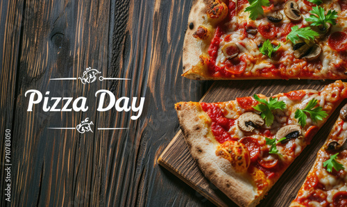 Banner with space for text displaying Pizza Day alongside a slice of pizza, set against a wooden background photo