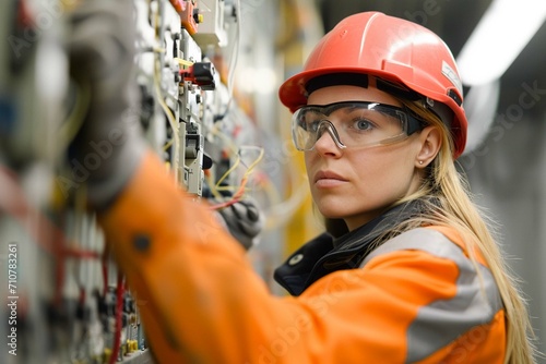 Female commercial electrician at work on a fuse box, adorned in safety gear, demonstrating professionalism