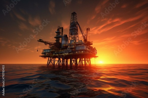 Sunset oil rig over ocean. Generative AI photo