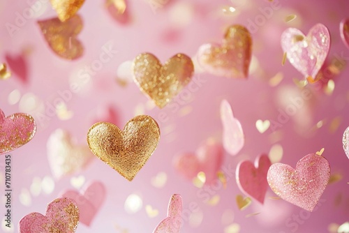 Floating Pink and Gold Hearts on a Soft Pink Backdrop for Love Themed Events and Valentine's Greetings © Areesha
