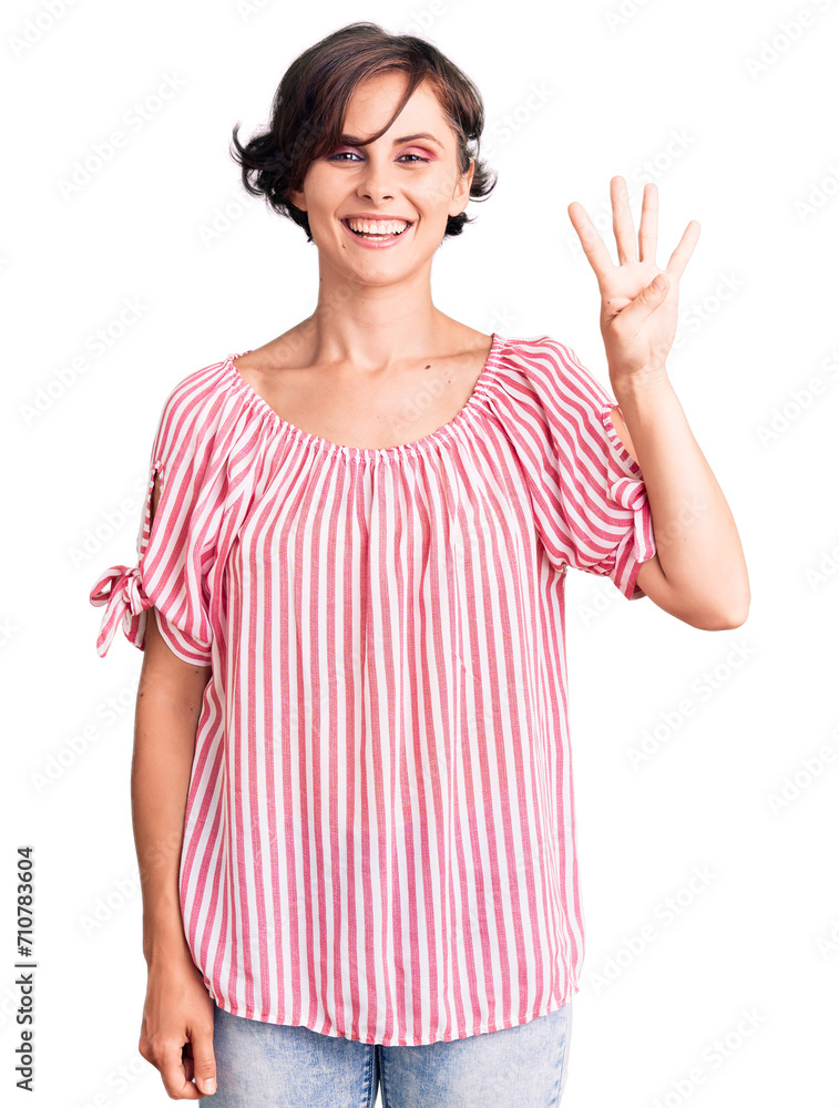 Beautiful young woman with short hair wearing casual summer clothes showing and pointing up with fingers number four while smiling confident and happy. Beautiful young woman with short hair wearing casual summer clothes showing and pointing up with fingers number four while smiling confident and happy.