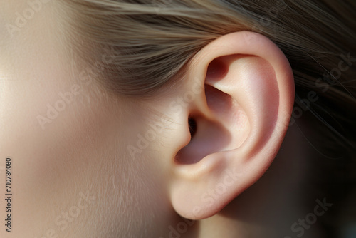 macro image of a female ear, concept of healthy hearing or ear jewelry photo