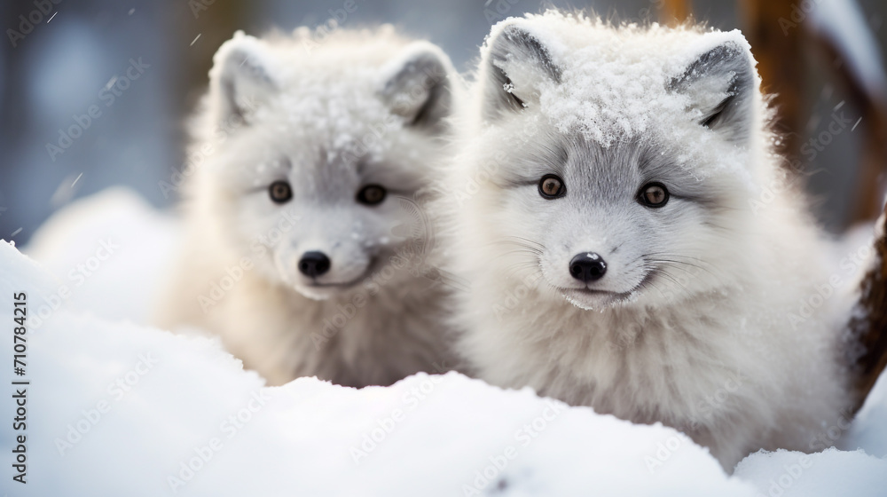 Obraz premium Close-Up of Arctic fox pups playing in the snow