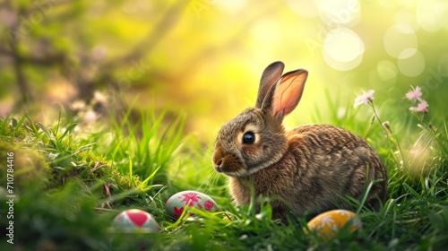 Easter landscape with bunny and colorful eggs. © Alexander Kurilchik