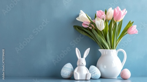Happy easter banner background. Spring flowers in a vase  a rabbit figurine