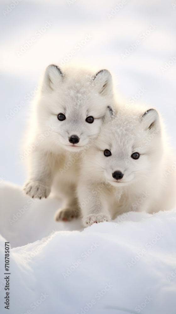 Naklejka premium Close-Up of Arctic fox pups playing in the snow