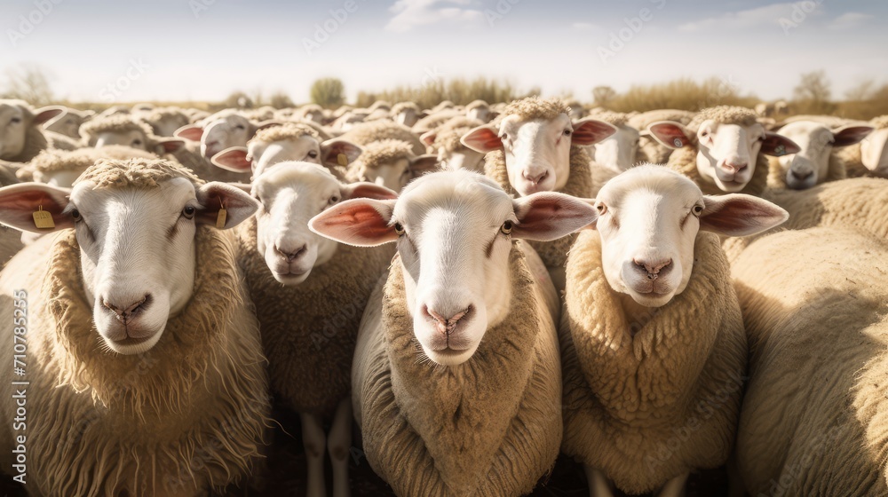 Obraz premium Flock of Sheep Staring Forward on a Sunny Day