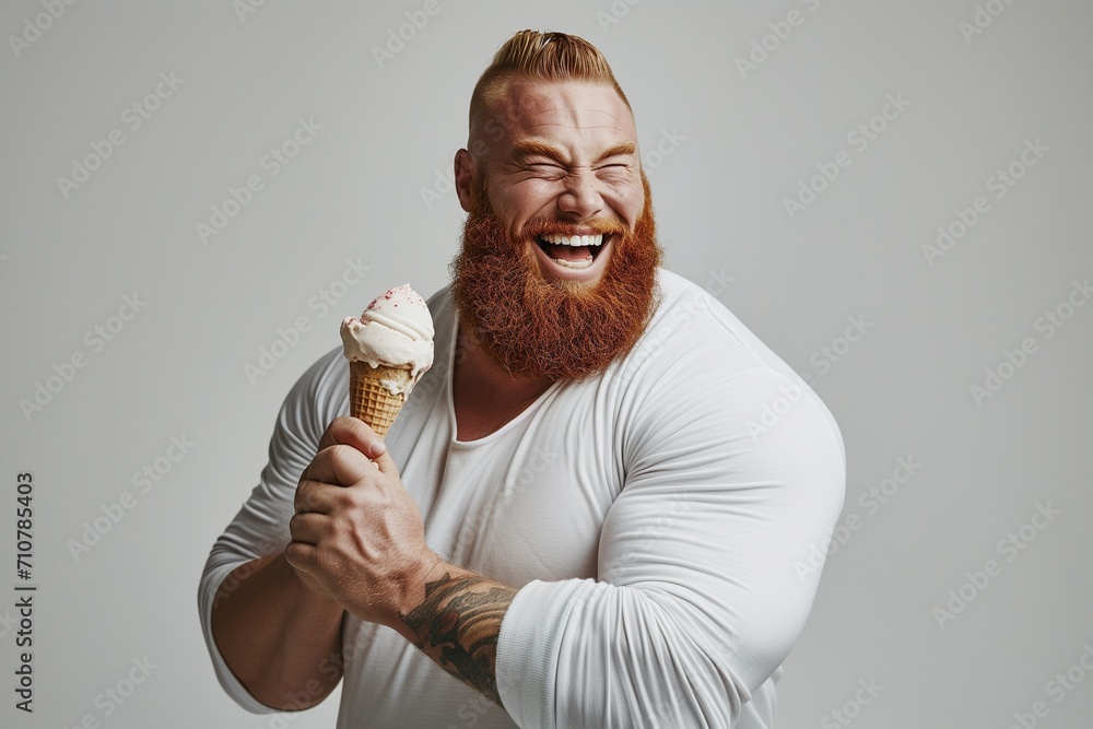 A chubby bodybuilder with massive arms, smiling with a ice cream, white