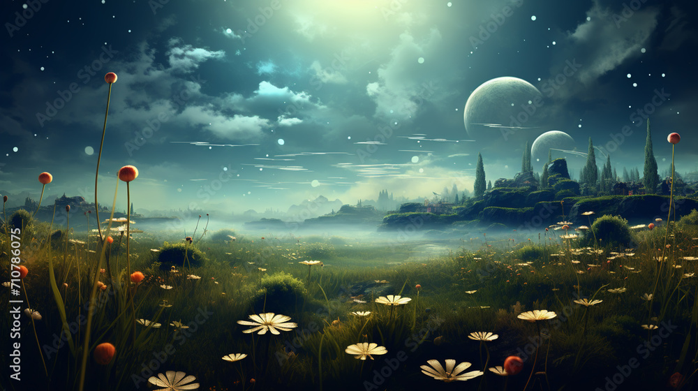 Naklejka premium a meadow of wild flowers under beautiful sundown