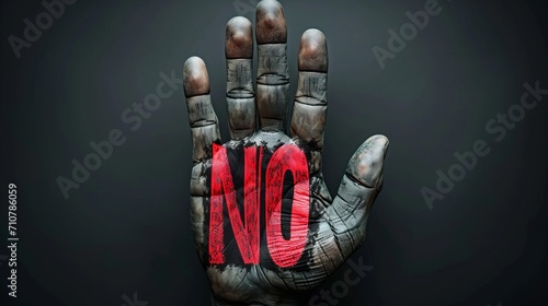 Defiant Gesture: Grungy Hand with Bold 'NO' photo