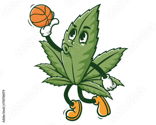 Cannabis Weed Marijuana playing slam dunk basketball cartoon mascot illustration character vector clip art hand drawn