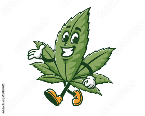 walking Cannabis Weed Marijuana cartoon mascot illustration character vector clip art hand drawn