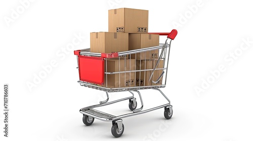 Parcel boxes in a trolley with clipping board. Online shopping and delivery concept.