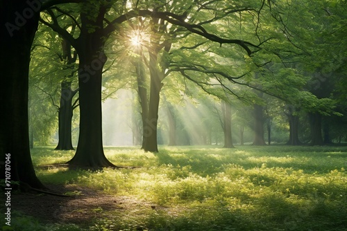 Sunbeams in the green forest, spring time, nature series