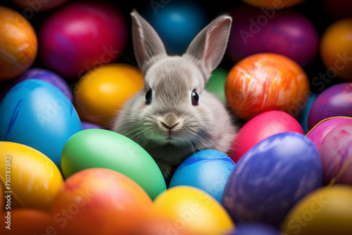 Cute hare rabbit sits near a basket with colorful eggs on the eve of Easter celebrations against blurred bright background © Sunny