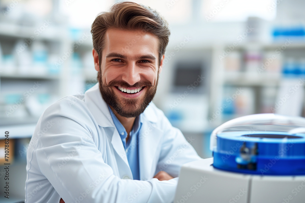 Smailing laboratory technician next to a centrifuge - Generative AI Smailing laboratory technician next to a centrifuge - Generative AI