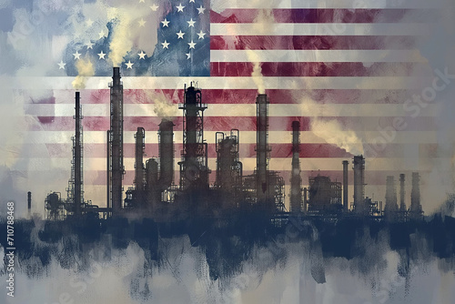 Grungy US flag integrated with a polluting fuming factory - Generative AI photo